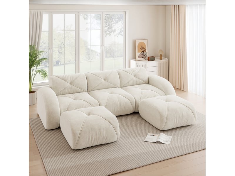 Canapé modulable en u 3 places beige clair en tissu, avec 2 poufs, sans montage, pour salon familial - Conforama B