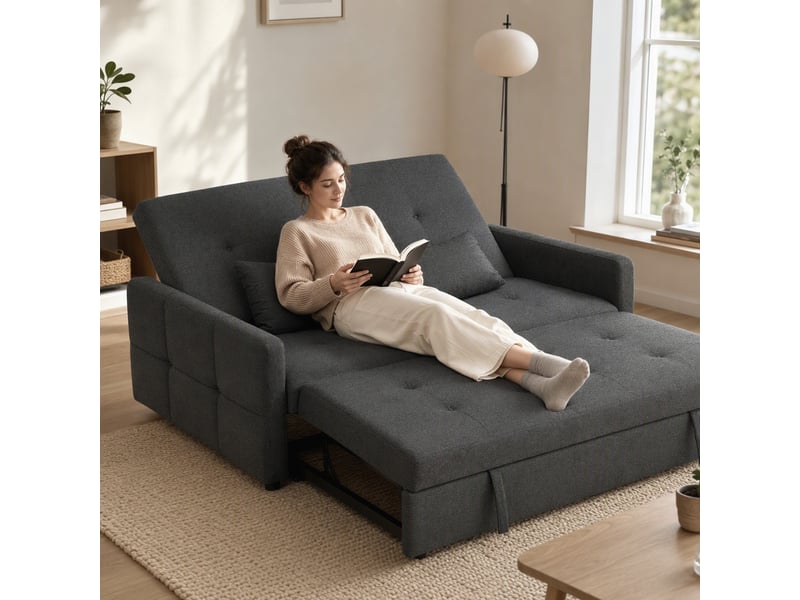  Canapé convertible 2 places dossier inclinable 3 positions pans latéraux effet capitonné 2 coussins tissu anthracite  - Conforama E