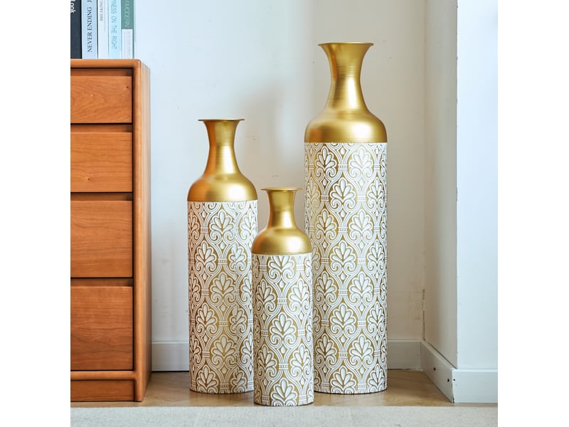  Lot de 3 vases de sol 506683 cm – doré et blanc – métal à décor blanc, pour plantes et fleurs séchées  - Conforama E