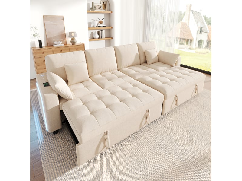  Canapé d'angle convertible 4 places beige en tissu, led, usb et type-c, deux couchages indépendants pour le salon  - Conforama B