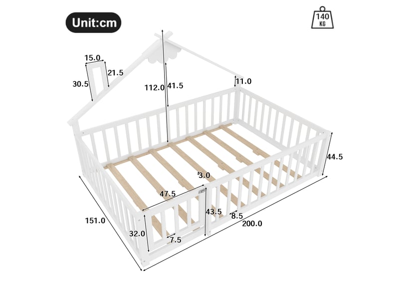  Lit enfant 140x190 cm, forme de maison, garde-corps, sommier, pin blanc, sans matelas  - Conforama C
