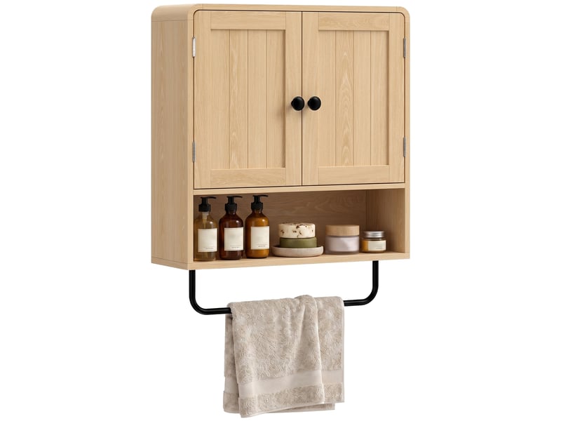  Armoire murale de salle de bain, meuble de rangement suspendu avec 2 portes, étagère ouverte, porte-serviettes, chêne  - Conforama A