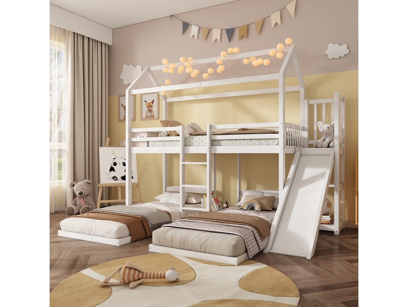 Lit superposé enfant à 3 couchages 90x200 cm avec toboggan, échelle et rangement blanc - Conforama B