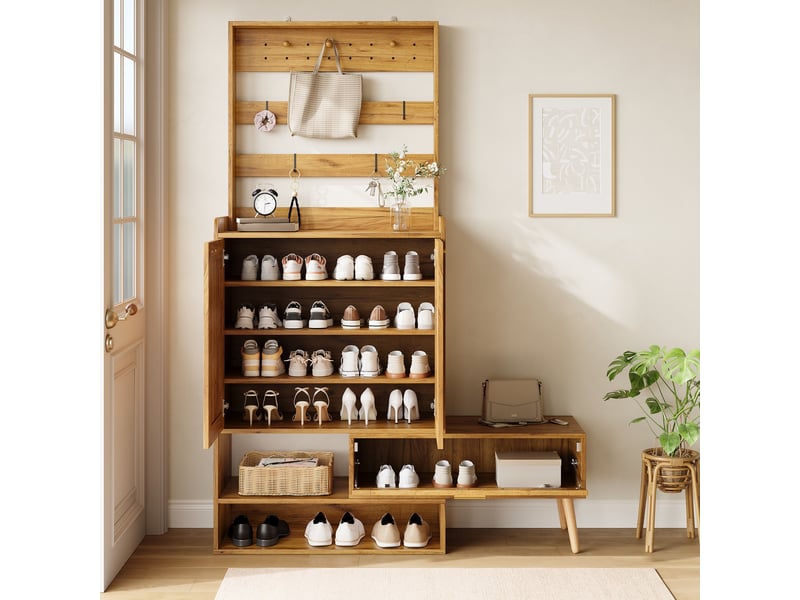  Meuble à chaussures avec banc 123,5x35x180 cm, patères, 2 portes tressées, étagères, banc pivotant, pour entrée et couloir - naturel  - Conforama D