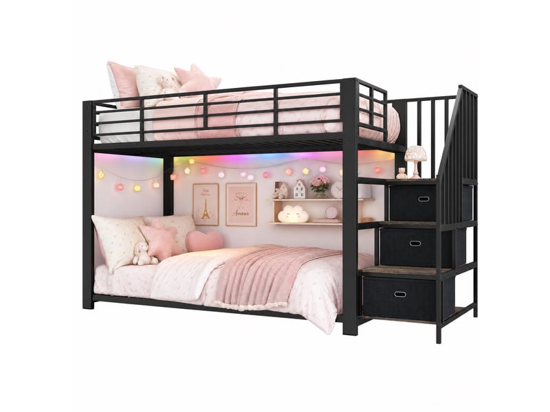  Lit superposé adulte 90x200 cm noir avec escalier de rangement, led et prises usb  - Conforama A