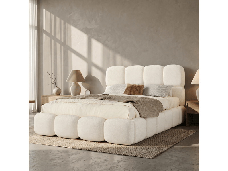  Lit coffre rembourré en bouclé 140x200 cm, lit double avec rangement, tête de lit rembourrée, sommier à lattes et bords arrondis, blanc  - Conforama D