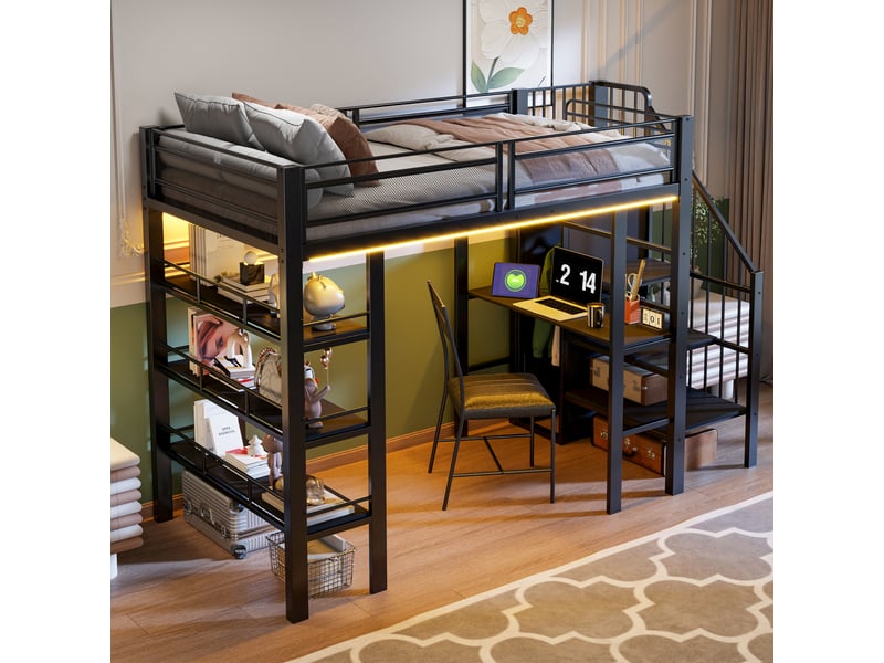  Lit surélevé 90x200 en métal noir avec led, prise, étagère et bibliothèque, lit simple multifonction  - Conforama E