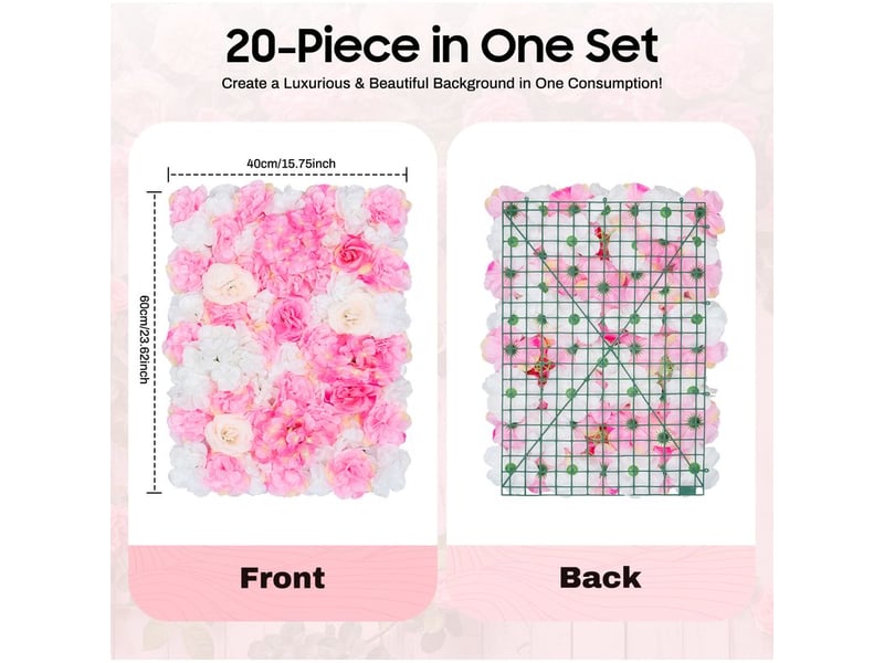  Panneaux muraux à fleurs artificielles, lot de 20 pièces panneaux de fleurs mural fleurs toile de fond florale haie décor en soie pour fête de mariage fond rose 60 x 40cm  - Conforama B