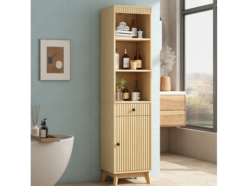  Colonne de salle de bain 40x36x172 cm, panneaux mdf naturels, pieds stables, tiroir avec fermeture douce et porte réversible  - Conforama B
