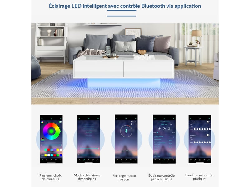  Table basse 115x55x34 cm avec led, 2 tiroirs, rangement, finition haute brillance, table de salon, blanc  - Conforama E