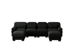 Canapé panoramique modulable 4 places 336x161x94 cm avec 2 poufs, tissu velours côtelé, assise profonde, coussins épais, structure renforcée - noir