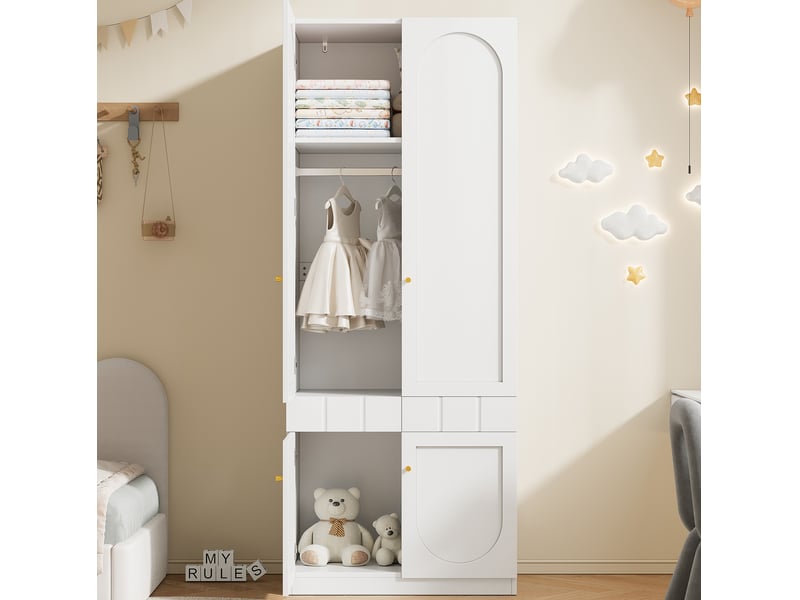 Armoire de rangement laquée avec tringle, 2 tiroirs et étagères fixes pour chambre en mdf blanc 80 × 50 × 200 cm - Conforama B