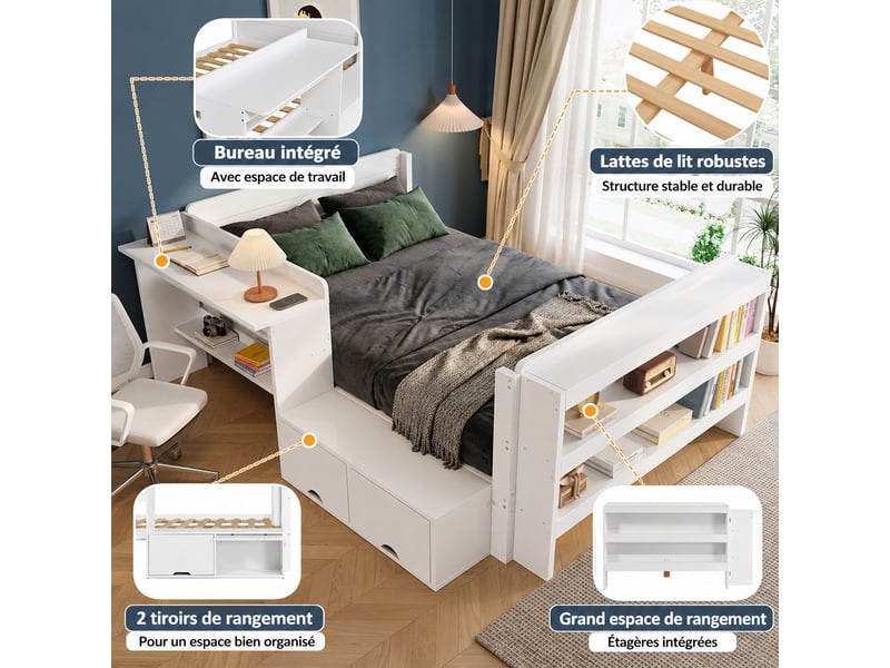  Lit combiné enfant 120 x 200 cm avec bureau réversible, rangement à abattant et étagère, structure en bois blanc  - Conforama D