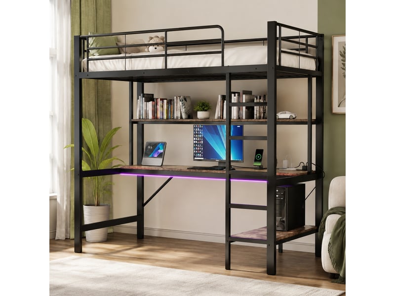  Lit mezzanine enfant 200×90 cm avec bureau, étagères, éclairage led, prises et usb, sans matelas, noir  - Conforama B