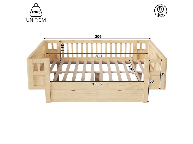 Lit 140x200, avec 2 tiroirs et hautes barrières de sécurité, bois et mdf, style scandinave, aspect bois, sans matelas - Conforama C