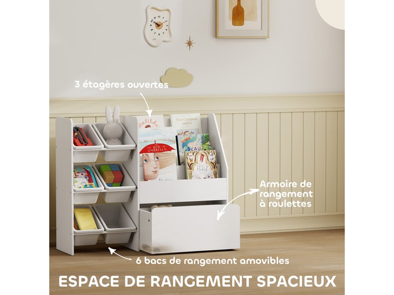  Meuble rangement enfant rangement jouet enfant 6 bacs amovibles et grand coffre à roulettes blanc 100 x 30 x 80 cm  - Conforama D
