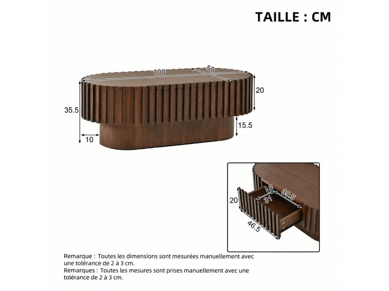  Table basse ovale avec tiroir, lattes verticales et effet bois noyer, 100 x 50 x 35,5 cm  - Conforama E