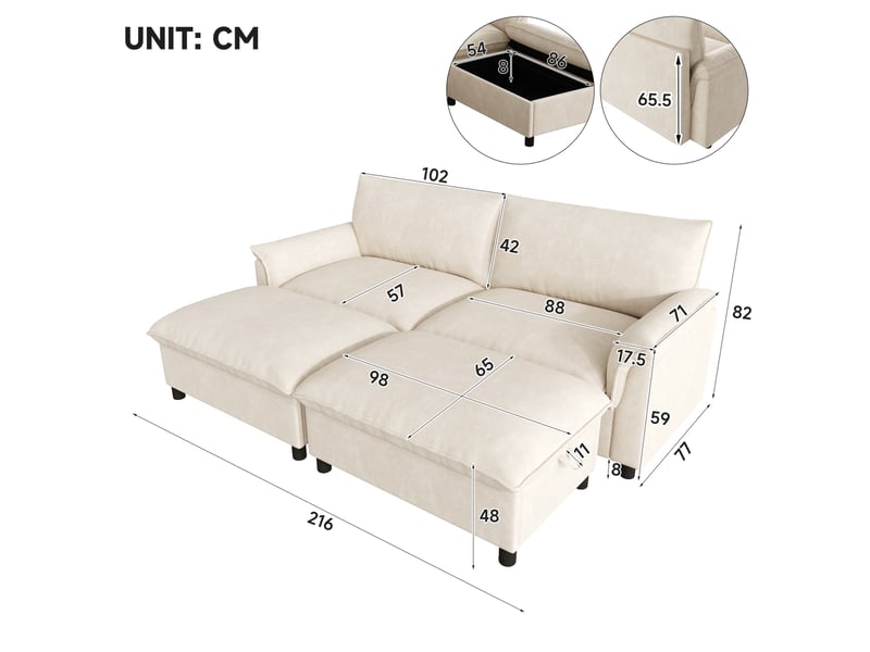  Canapé modulable 4 places convertible en chenille beige avec 2 poufs mobiles  - Conforama C