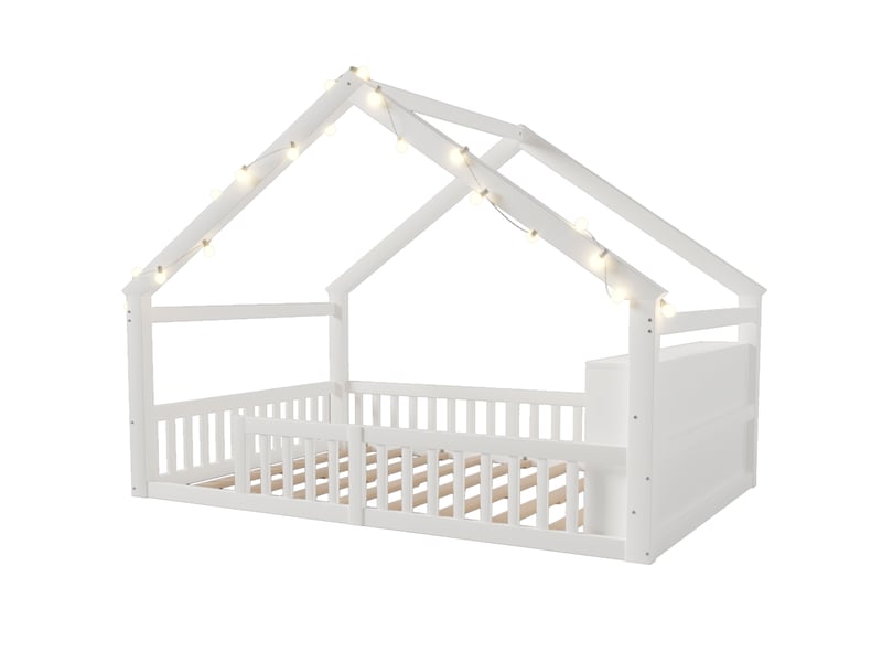 Lit enfant blanc 140x190 cm en pin, garde-corps, led et cadre style maison - Conforama D