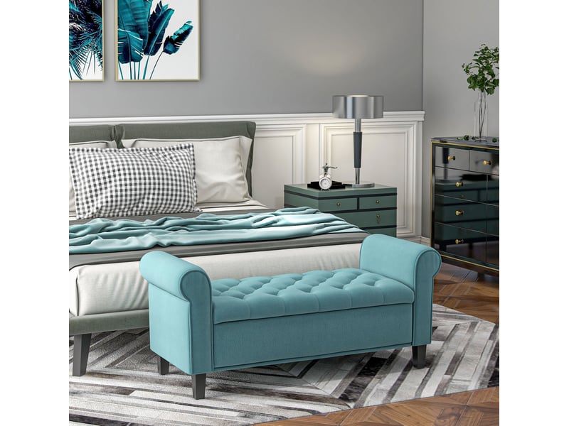  Banc coffre 126 x 48,5 x 57 cm vert en polyester, assise capitonnée et rangement intégré sous couvercle  - Conforama B