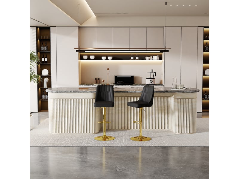  Lot de 2 tabourets de bar réglable en hauteur, cuir pu noir capitonné et pieds en métal doré  - Conforama R