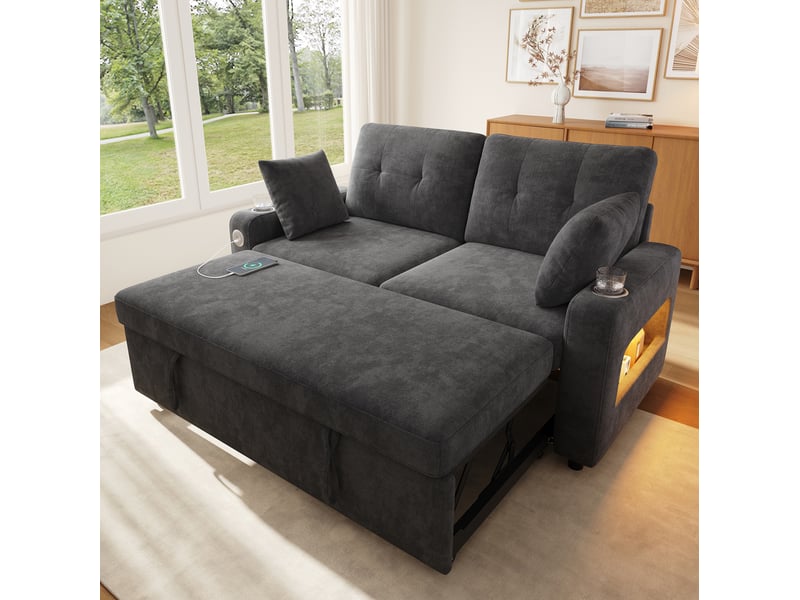  Canapé convertible 2 places avec couchage, ports usb et usb-c, led, rangements et porte-gobelets en chenille gris  - Conforama B