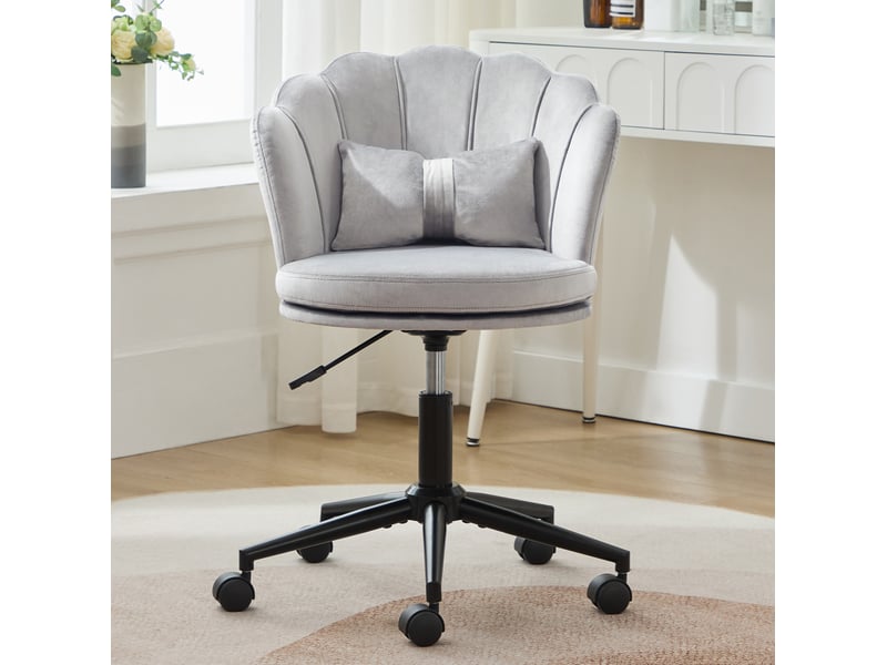  Chaise de bureau ulevr réglable en hauteur, pivotante à 360°, velours gris, dossier pétale, coussin lombaire, roulettes, 55 x 62 cm  - Conforama D