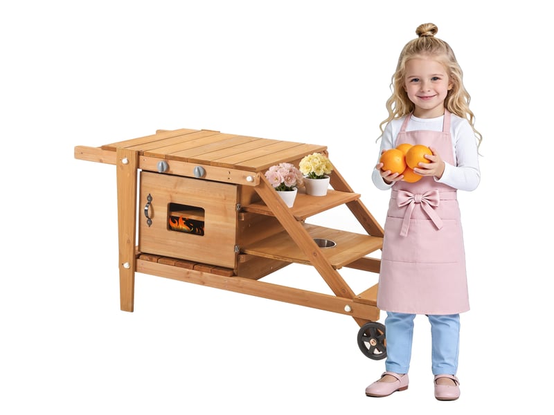 Cuisine extérieure enfant en bois, naturelle, sur roulettes, accessoires, dès 3 ans - Conforama A