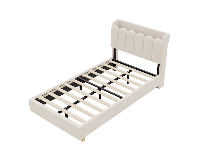  Lit enfant 90x200 cm avec tête de lit rembourrée et sommier inclus, beige  - Conforama A