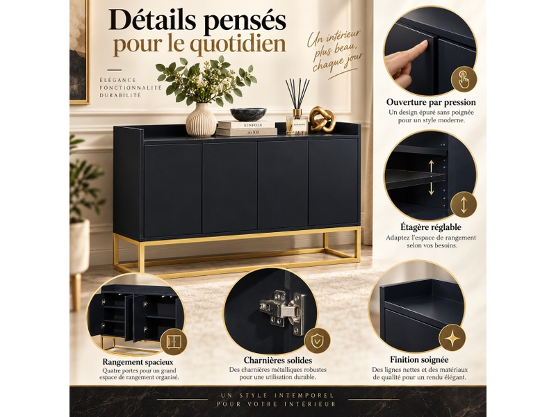  Buffet, armoire de rangement, avec 4 portes et étagère réglable, moderne, 120x30x80 cm, pour salon, salle à manger, bureau, noir  - Conforama B