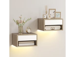 Ensemble de 2 tables de chevet suspendues avec led rgb intégrées et réglables via application, tiroir et étagère, 37 x 32 x 21 cm, couleur bois blanc