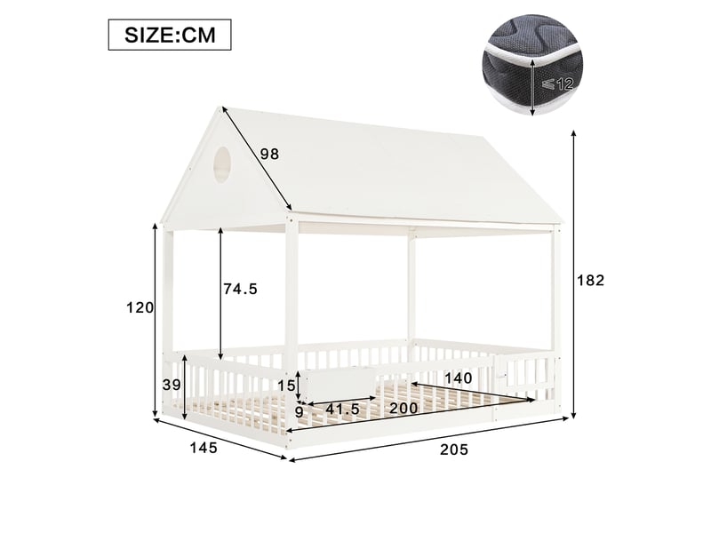  Lit cabane enfant 140×200 cm avec rideaux et niche de rangement  - sans matelas, bois - blanc  - Conforama D
