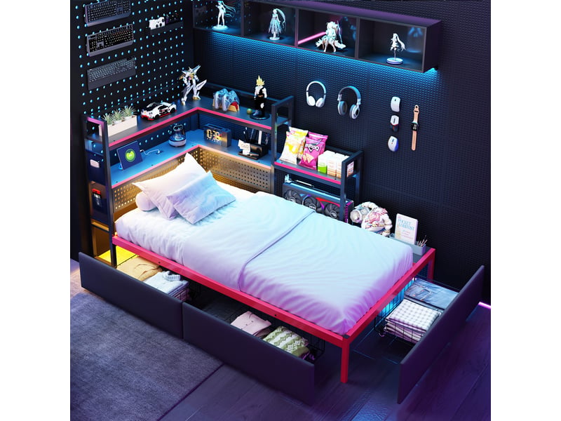 Lit avec tiroirs, lit simple, 3 tiroirs, usb, led et étagères, 90×200 cm, sans matelas, en métal, noir - Conforama E