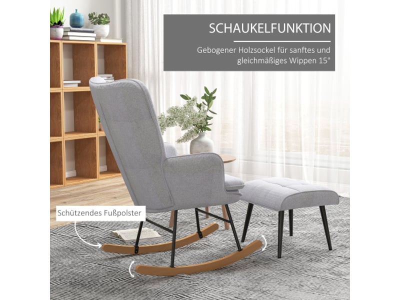  Fauteuil à bascule gris clair avec repose-pieds, accoudoirs, aspect lin, charge 130 kg  - Conforama E