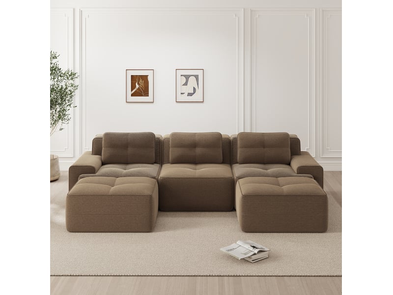 Canapé modulable en u 3 places avec ottoman en velours côtelé marron - Conforama C