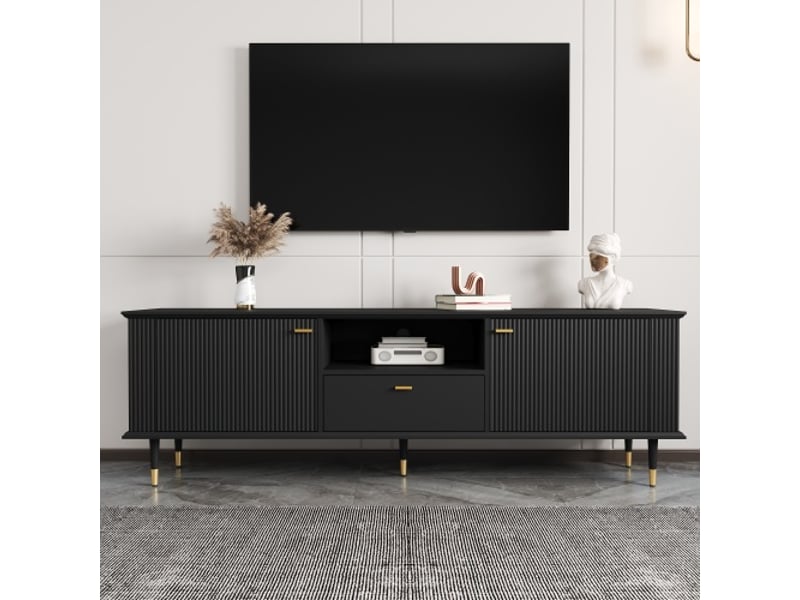  Meuble tv moderne avec rangements ouverts et tiroirs – surface laquée structurée, charnières soft-close  - Conforama B