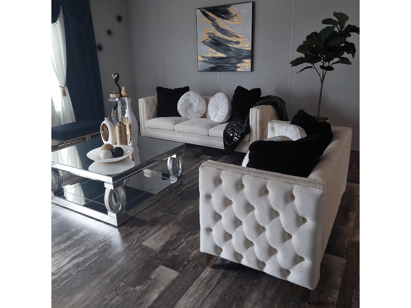 Canapé droit, coloris beige, matière mousse, ressorts, velours et bois, 5 places - Conforama B