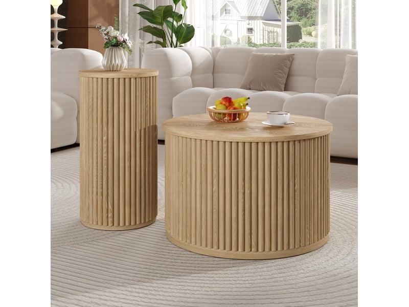 Lot de 2 tables basses rondes 60x60 cm et 30x30 cm, stries verticales, mdf, couleur naturelle  - Conforama E