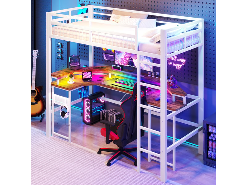 Lit mezzanine 90 x 200 cm avec bureau intégré, cadre métallique et led multicolore, blanc - Conforama B