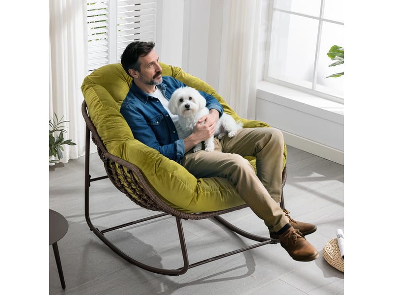  Cocon - fauteuil à bascule en rotin naturel - forme œuf et coussin vert olive - confortable pour salon, véranda ou chambre  - Conforama D