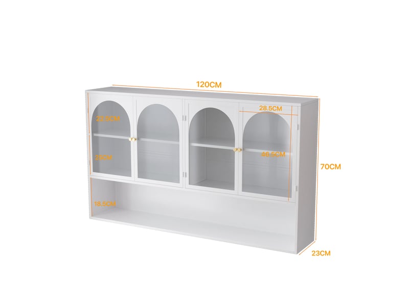  Armoire murale suspendue 120cm blanc en fer et verre à 4 portes avec vitrine  - Conforama B