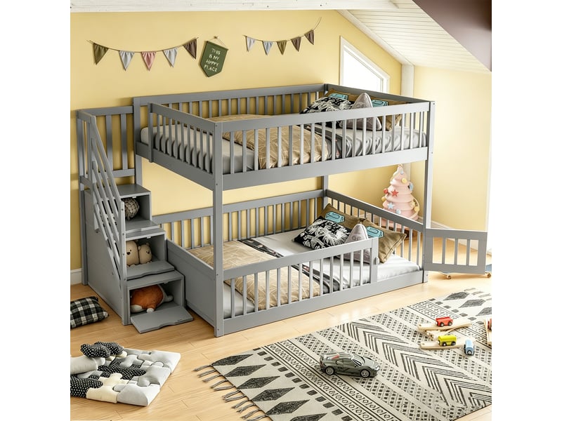  Lit superposé 140 × 200 cm 2 places avec escalier à tiroirs et barrières, sans matelas, en bois massif gris  - Conforama B