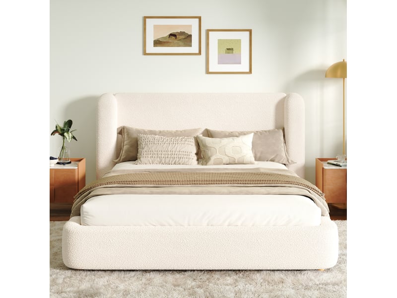  Lit coffre double 140x200 cm bouclette beige avec sommier à lattes  - Conforama E