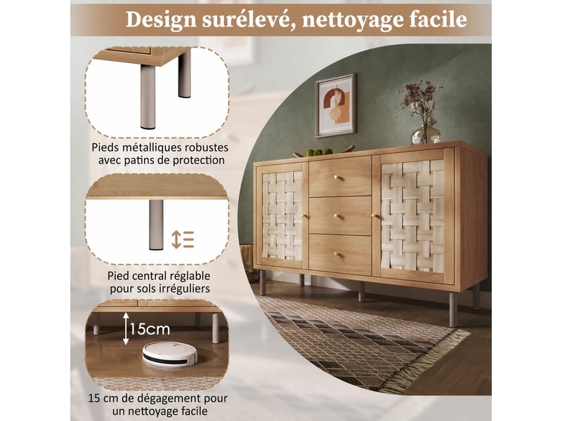  Commode 2 portes et 3 tiroirs avec étagères réglables pour salon en mdf et métal 120×40×75 cm chêne  - Conforama D