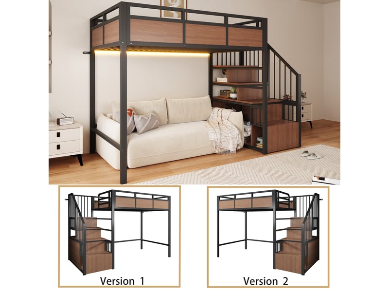Lit mezzanine métal 90x200 noir avec éclairage led et escalier de rangement, lit surélevé robuste pour adulte et enfant. - Conforama D