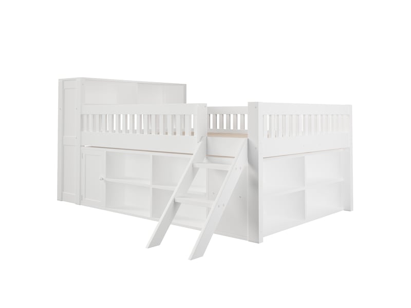  Lit mezzanine 140x200 cm blanc, avec rangements, étagères ouvertes, placard, led au chevet, échelle, sommier inclus, sans matelas  - Conforama E