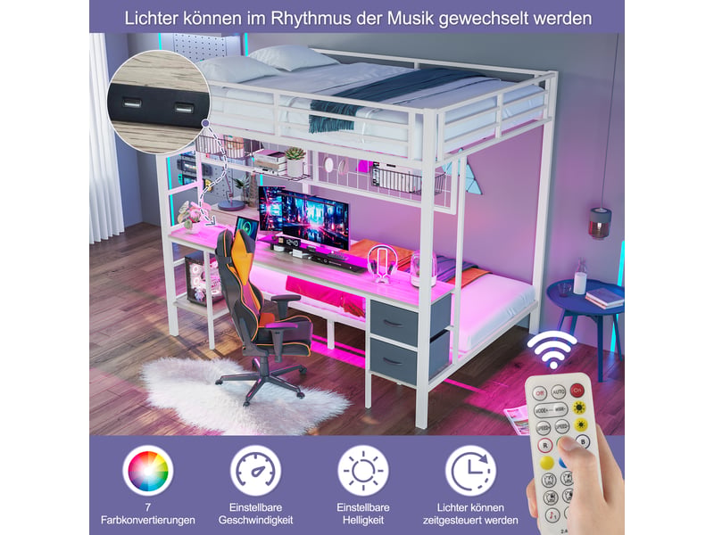  Lits superposés enfant 140x200 cm, led, bureau, tiroirs, étagère, usb, sommiers, métal blanc, sans matelas  - Conforama D