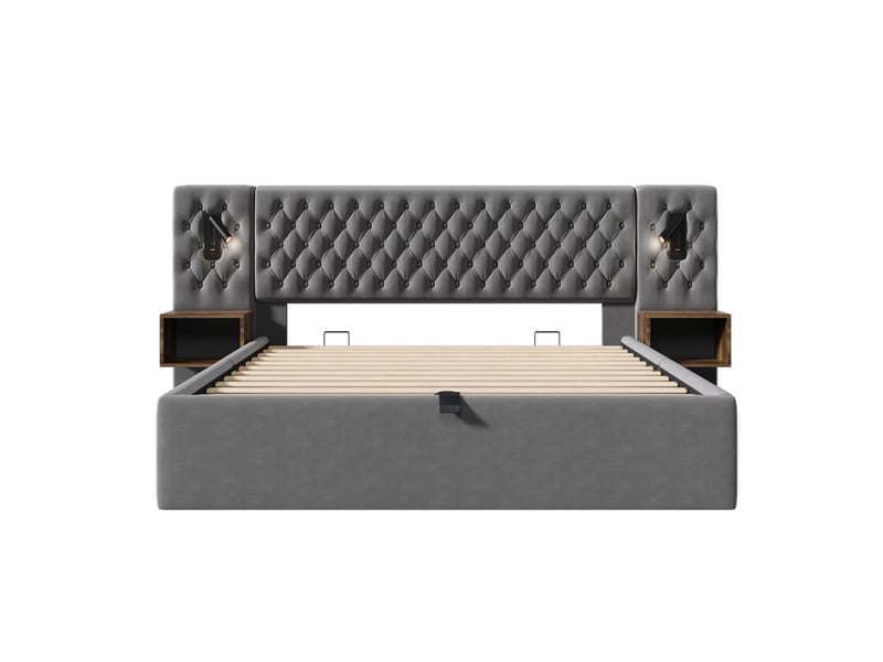  Ensemble lit coffre hydraulique 160x200 cm velours gris, 2 chevets, lampes lecture, usb, matelas inclus  - Conforama A