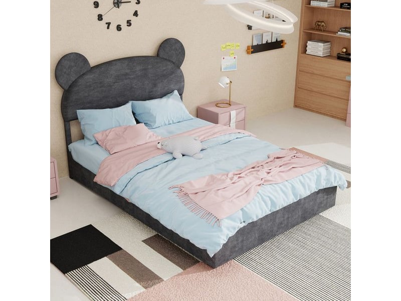  Lit enfant rembourré - tête de lit dessin animé - 140x200 cm - gris - rangement à gaz 90x200x133cm - Conforama B