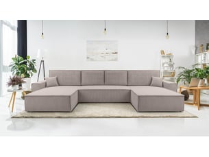 Canapé d'angle panoramique convertible <strong>AX LIVING </strong> <strong>Cedria U</strong> 5 places Velours côtelé beige avec coffre de rangement